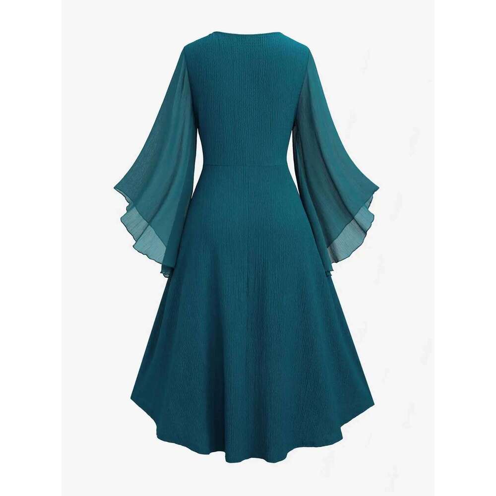 ROSEGAL Plus Size Dresses Lace Up Ruched Mesh Flare Sleeves Textured Split 2025 Autumn Women Daily Holiday Casual Dress