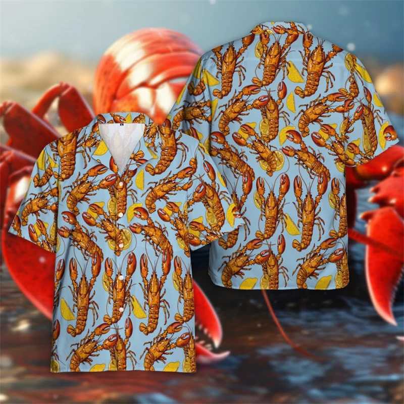 Lobster King 3D printed mens shirt Harajuku fashion mens beach shirt seafood short sleeved crayfish lapel shirt top X250410