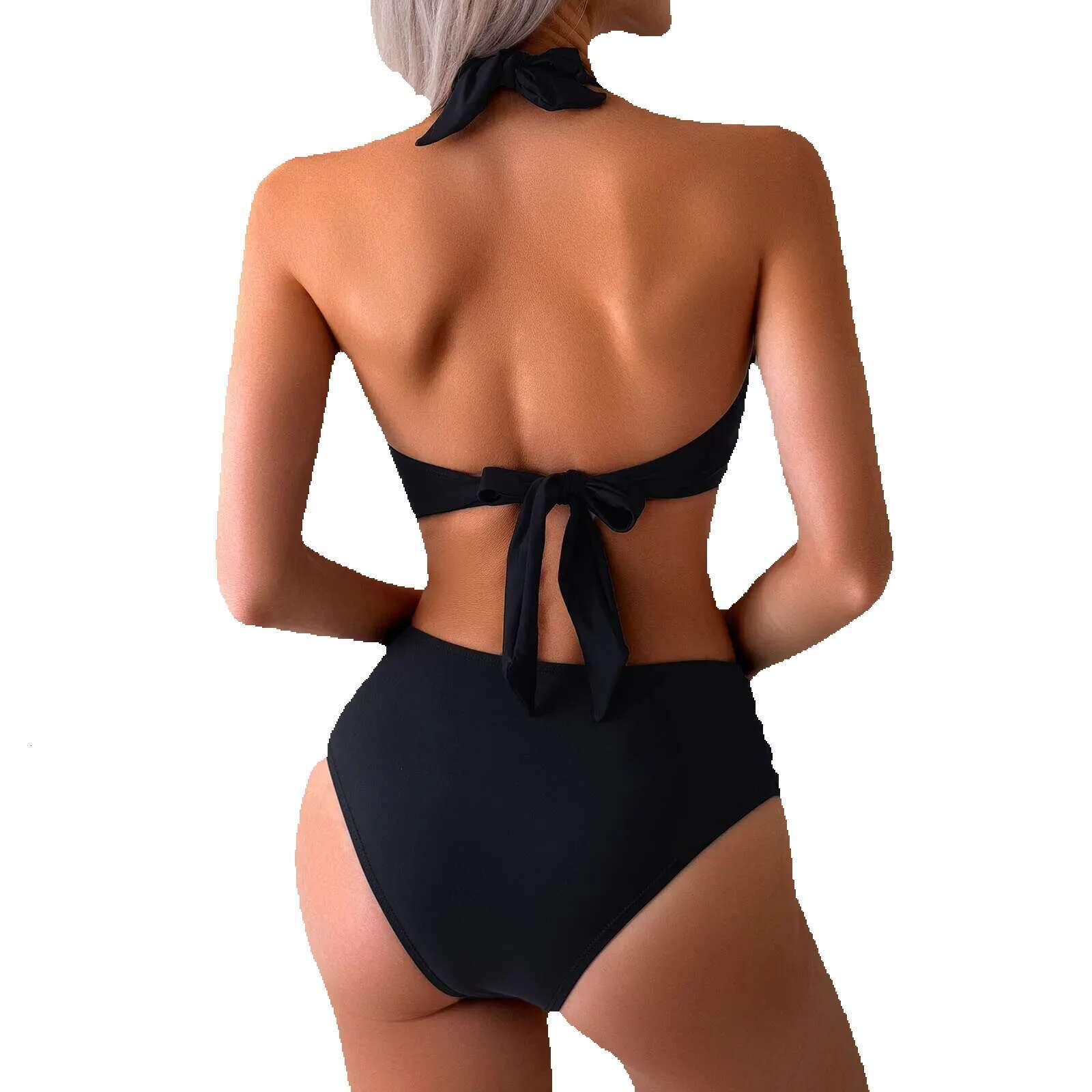 Women's 2-piece swimsuit, white, black, high waisted shoulder straps, bare back, beachwear