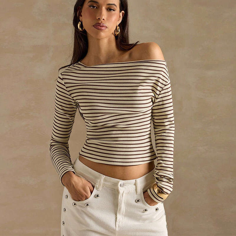 Rui Chuo Cross-Border Amazon Striped Off-Shoulder T-Shirt 2025 Autumn European and American Style Elegant Long Sleeve Base Shirt Pullover
