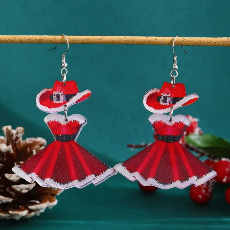 2025 Christmas carnival party acrylic earrings fashionable red dress hat niche earrings for women 251031
