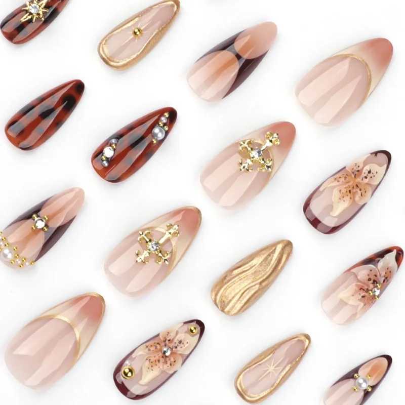3D Golden Ripple Brown Amber Flower Rhinestone Pearl Star Peacock Feather Almond Fake Nail Art Fake Nail Press on Fake Nail Tool W250410
