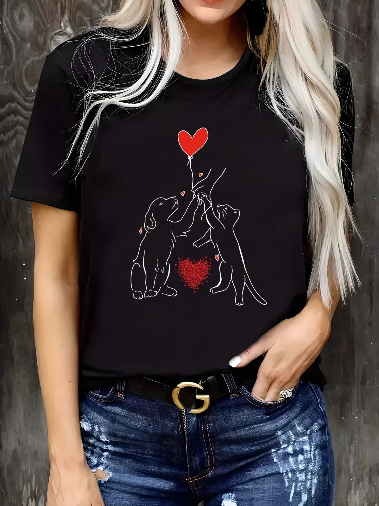 Cat and dog cat print Tshirt casual round neck short sleeved top for spring summer womens clothing 250409