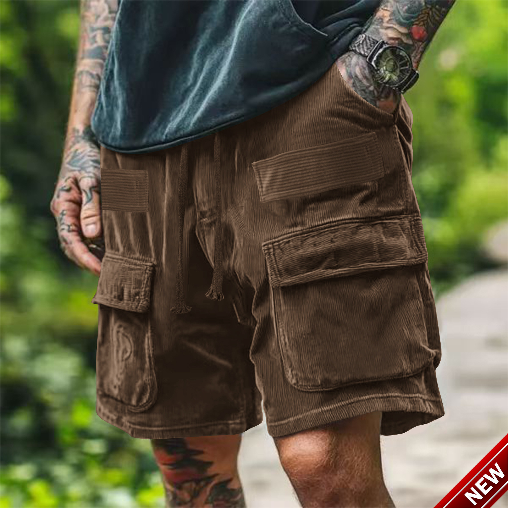 2025 summer new five piece workwear pants with multiple pockets corduroy trendy brand loose mens shorts American mens clothing