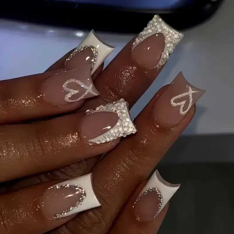 24pcs nude white French fake nails short square nail tips fashionable wearable fake nails with glue simple full set press nails W250410