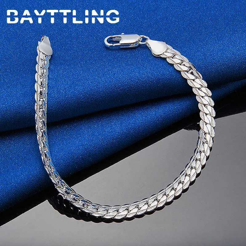 New 925 Sterling Silver 18K Gold 8 Inches 6MM Side Chain Bracelet For Women Fashion Charm Men Jewelry Gift AccessoriesT251110