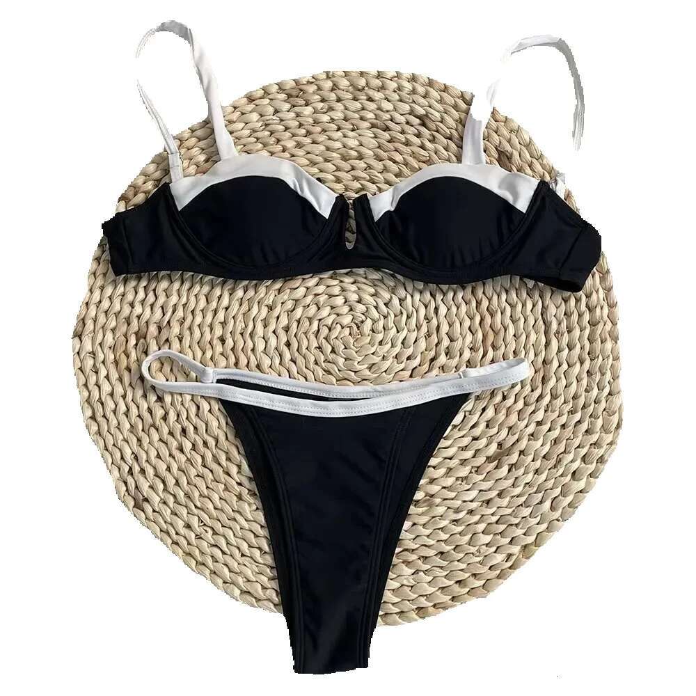 Serenechic 2025 New Tight Beach Travel Black and White Splicing Sexy Bikini Set Swimsuit Women's Summer