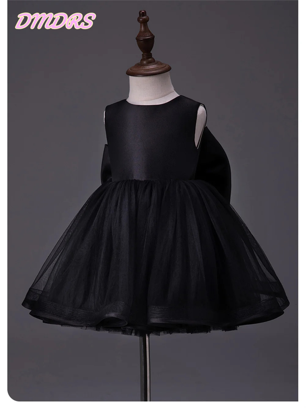 Childrens satin black flower girl dress birthday bow sleeveless retro ball dress knee length princess dress short sleeved 250403