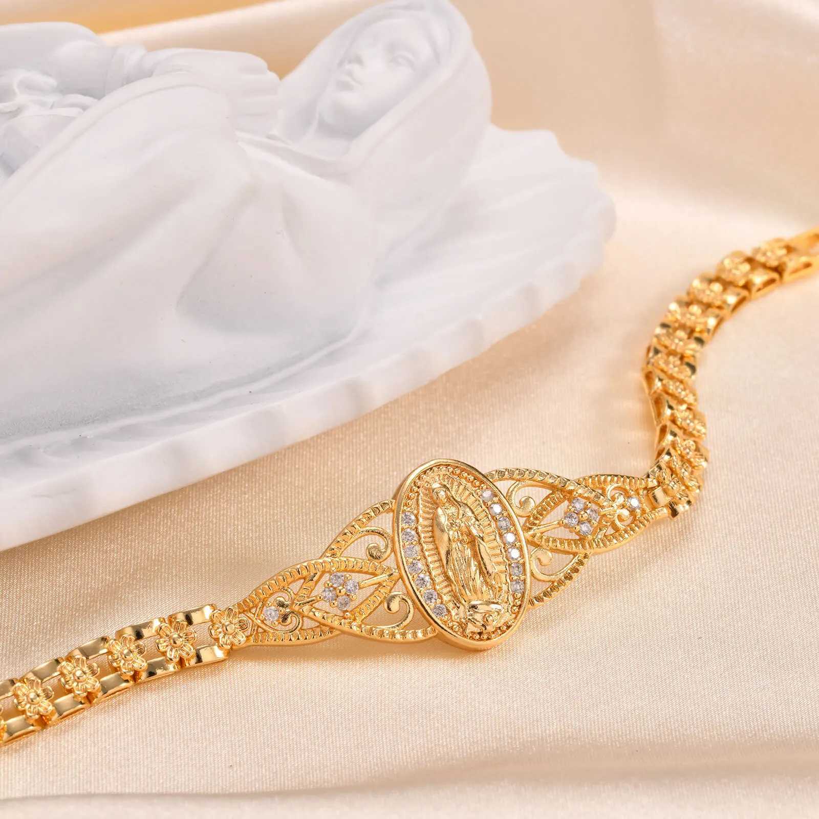 Vnox Catholic Bracelet for Women14k Gold Plated BraceletDainty Cubic Zirconia Religious Baptism Virgin Mary Bracelets GiftsT251110