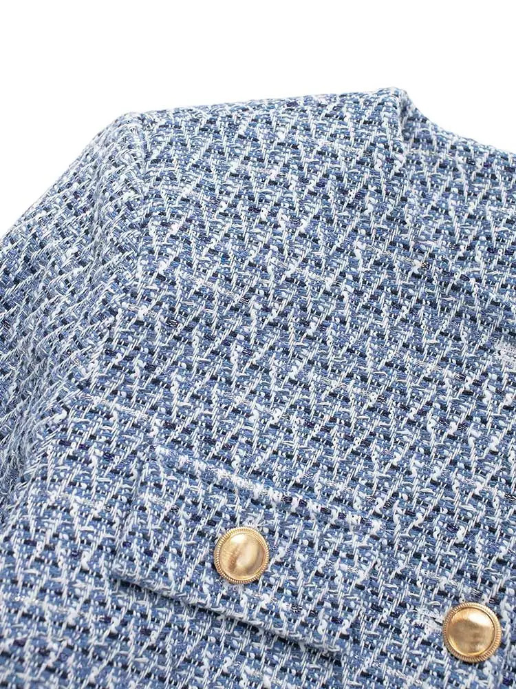 Womens Tweed Jacket Coat Long Sleeve with Pockets Front Metal Button Chic Outerwear Female Tops 251110