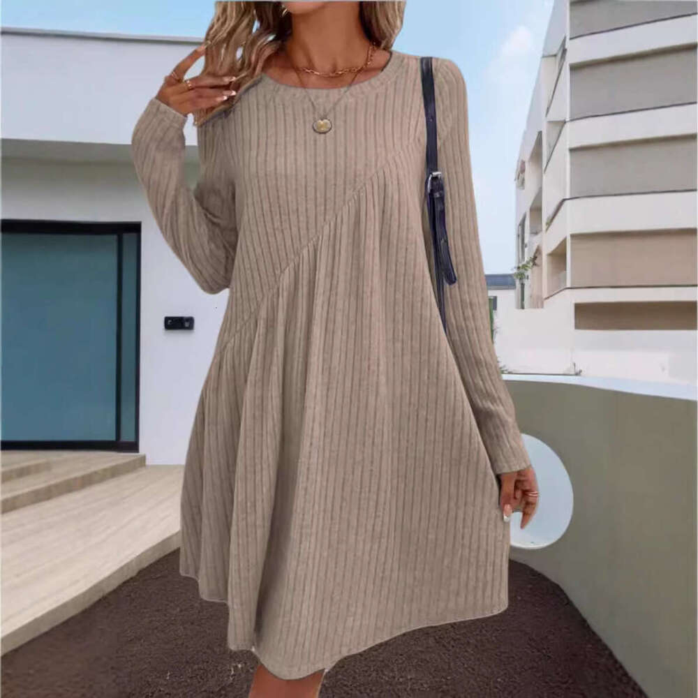 2025 Amazon Independent Station Autumn Winter Bohemian Irregular Brushed Ribbed Solid Color Dress Women's Fashion