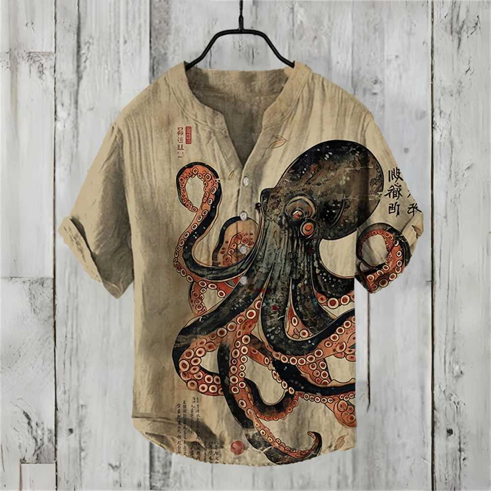 Summer mens short sleeved shirt linen printed shirt European and American popular elements octopus printed shirt X250410