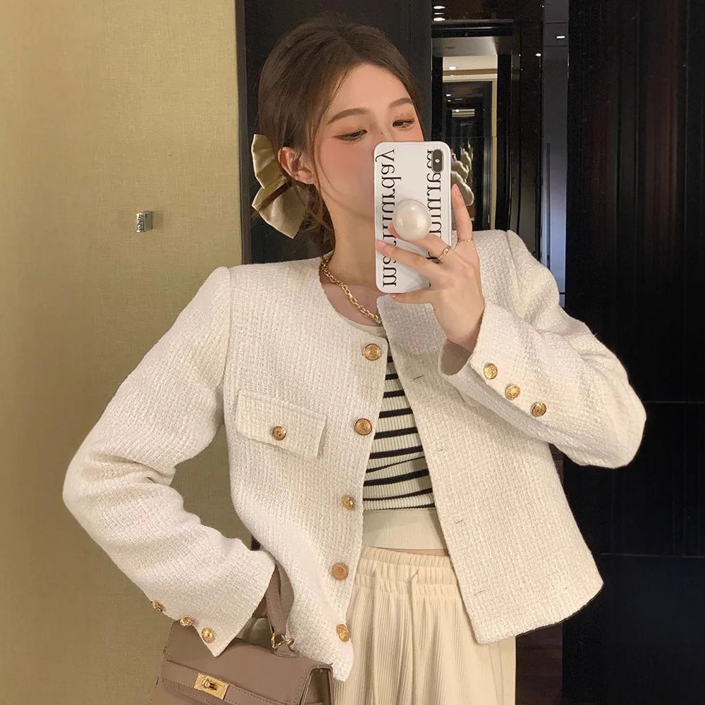 French Wool Tweed Coat Fashion Highend Gold Button Short Slim Temperament Spring and Autumn Korean Coats Women Jacket 251110