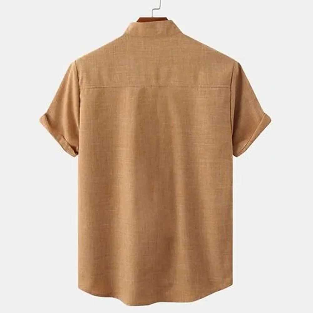 Summer new mens solid color hemp rope short sleeved lapel shirt casual plus size mens dress X250410
