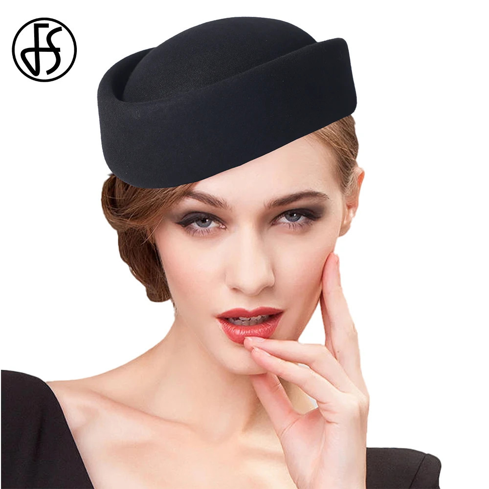 FS 2025 Black Red Wool Pillbox Hats Vintage Felt Church Hat For Women Elegant Tea Party Wedding Bride Cap Chapeau Femme 250409