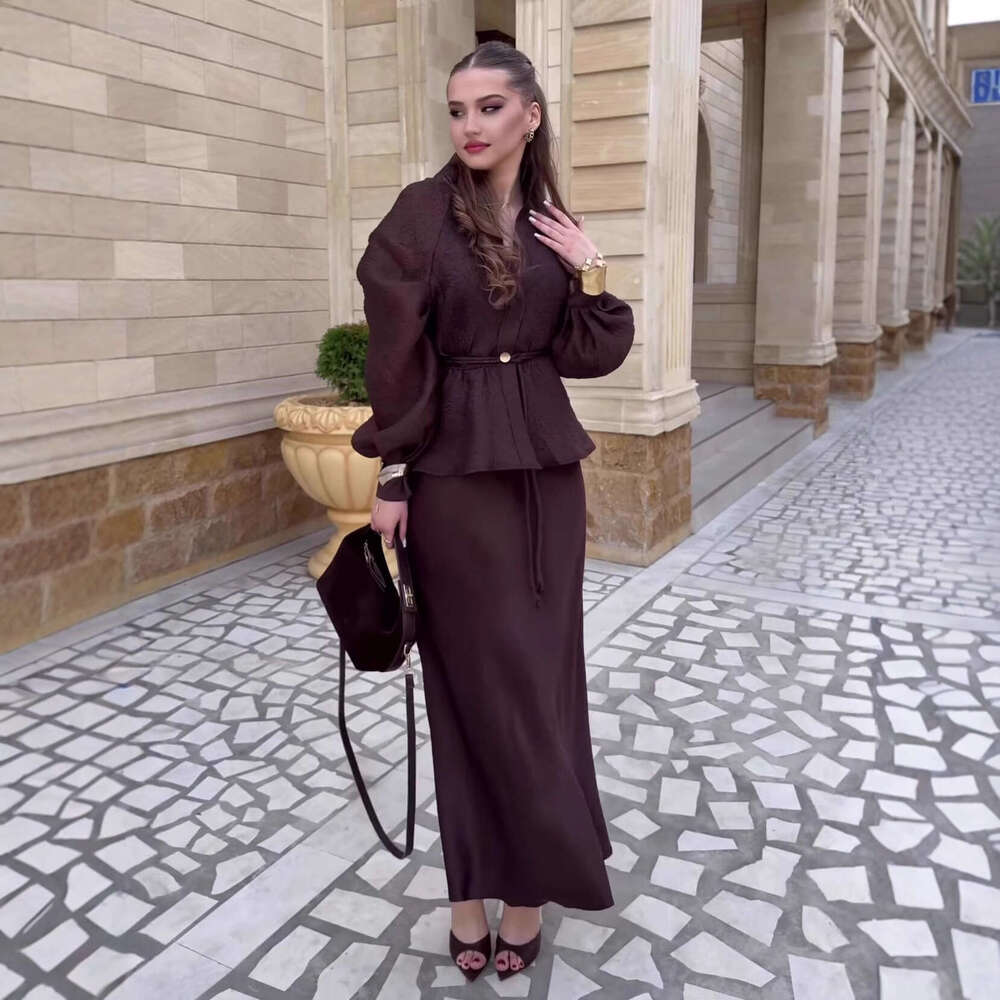 European and American Cross-Border Women's Fashion Autumn New Elegant V-Neck Waist-Cinching Long Sleeve Cardigan Top High-Waisted Skirt Set