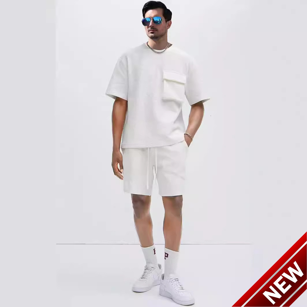2024 Summer New Sports Set Mens Street Trendy Casual Pocket Short Sleeve Shorts Casual Two Piece Set