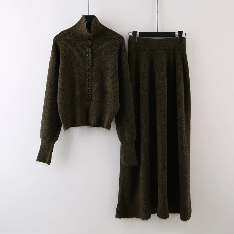 LANMREM Winter Soft Womens Sweater Two Pieces Set SingleBreasted Knitted Top And Elastic Waist Straight Skirt 2DB4274 251110