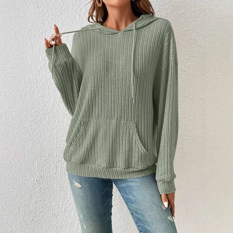 2025 Autumn Winter New Cross-Border European and American Women's Clothing Amazon Knitted Sweater TEMU Hooded Ribbed Kangaroo Pocket Sweatshirt
