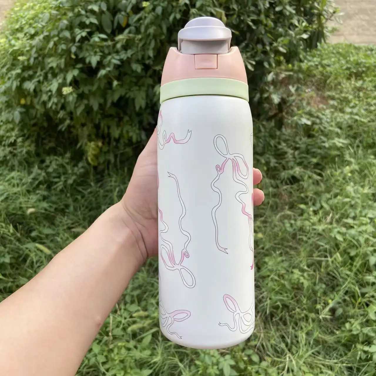 Fashionable cup 32oz Owa Stainless Steel Insated Water Bottle with Straw And Ribbons BPA- Sports Water bottle for Men and Wen Portable Y251110