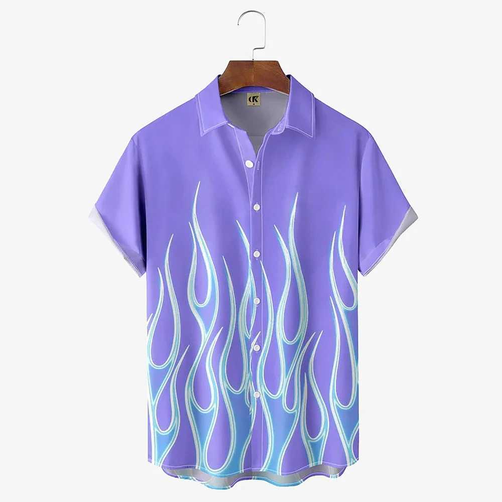 Mens flame printed shirt Hawaii casual short sleeved top fashion beach vacation lapel shirt mens summer oversized clothing X250410