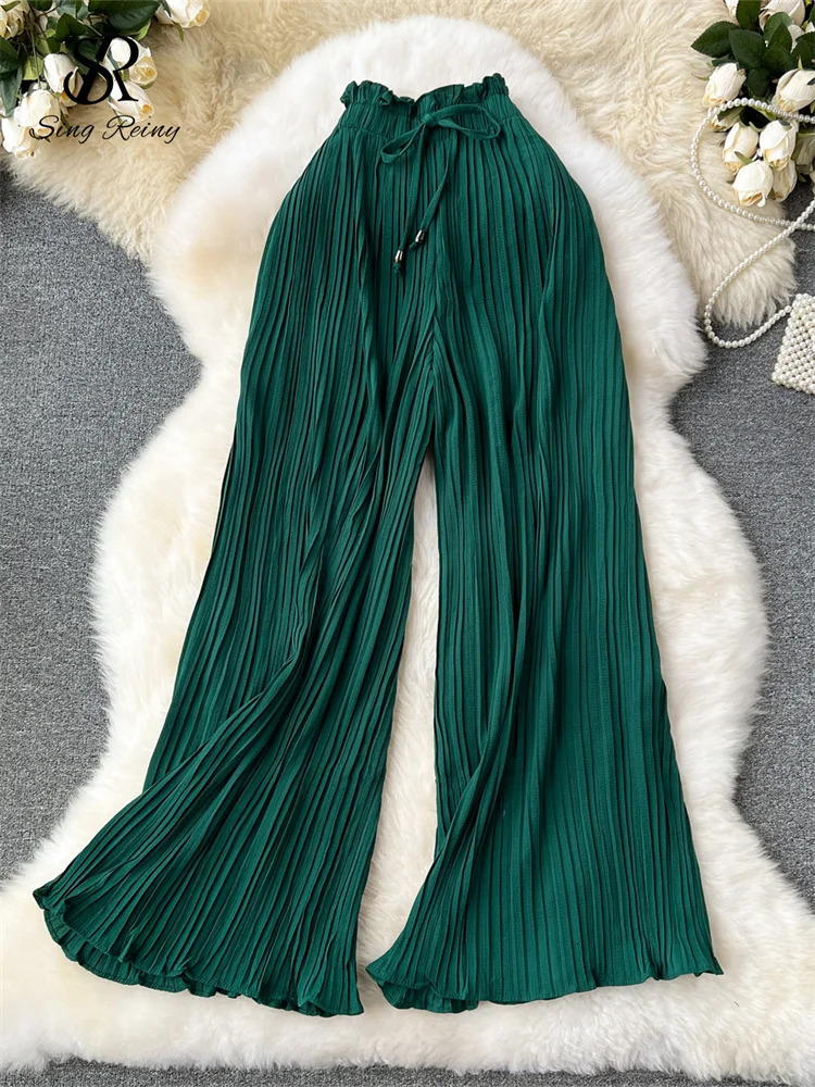 SINGREINY Bandage Basics Casual Pants Women Summer Oversize Draped Wide Legs Pants High Waist Solid Long Pleated Trousers 250409