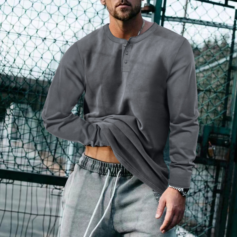 2024 mens spring and autumn round neck long sleeved T-shirt loose fitting pullover casual solid color T-shirt base shirt