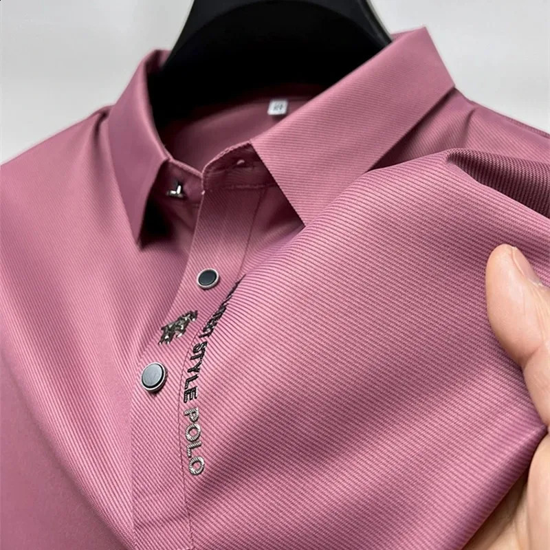 Ice Silk Embroidery Polo Shirt Summer Lapel Elasticity T-shirt Korean Fashion Short Sleeve Business Casual Men Clothing 250407
