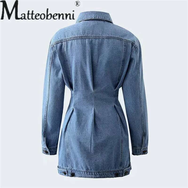 Women's Shrink Waist Slim Fit Denim Jacket Single-Breasted Splicing Pocket Coat Female Autumn Winter Daily Casual Long Outerwear