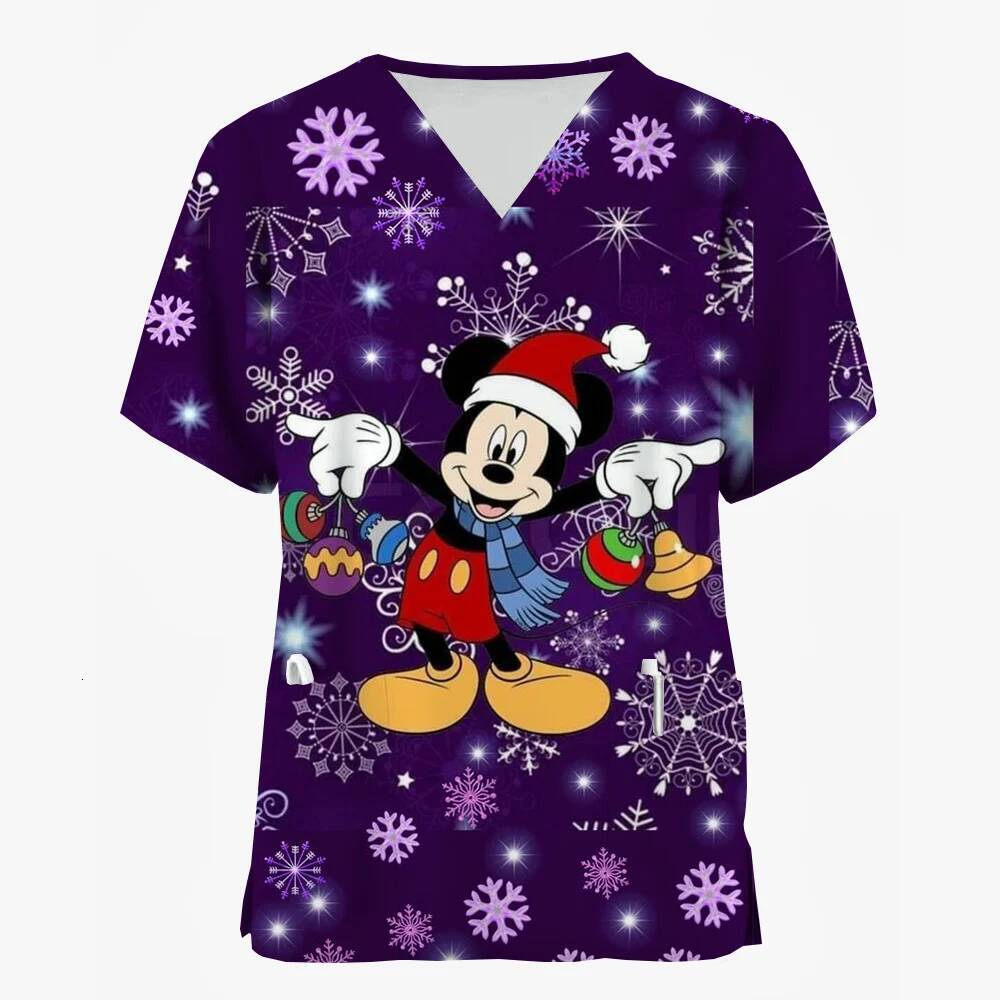 Ddmytues Christmas Mouse Print Nurse Men's And Women's Frosted Short Sleeved Pocket Work Uniform Medical Care Top