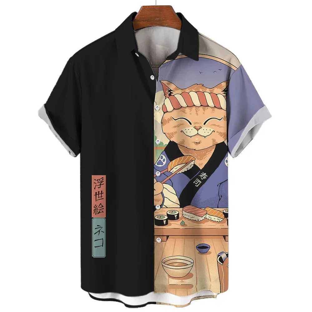 Hawaiian mens short sleeved button down shirt casual clothing Samurai cat summer new item plus size mens short sleeved Shi X250410