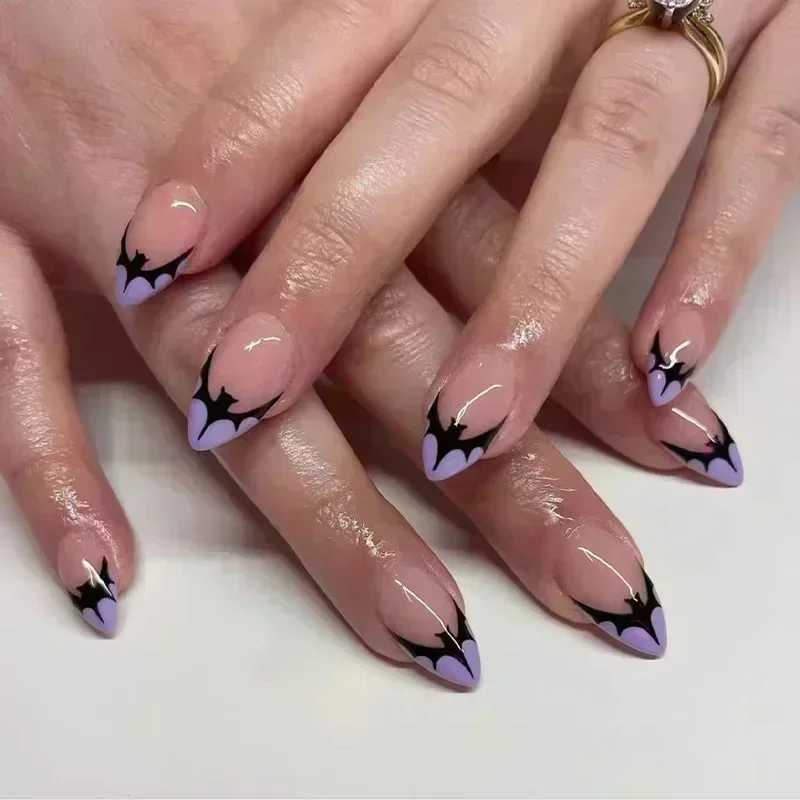 24Pc Halloween Fake Nails with Almond Head Design Cute Clown Fake Nails French Full Set Handmade Press Girl Nail Tips W250410