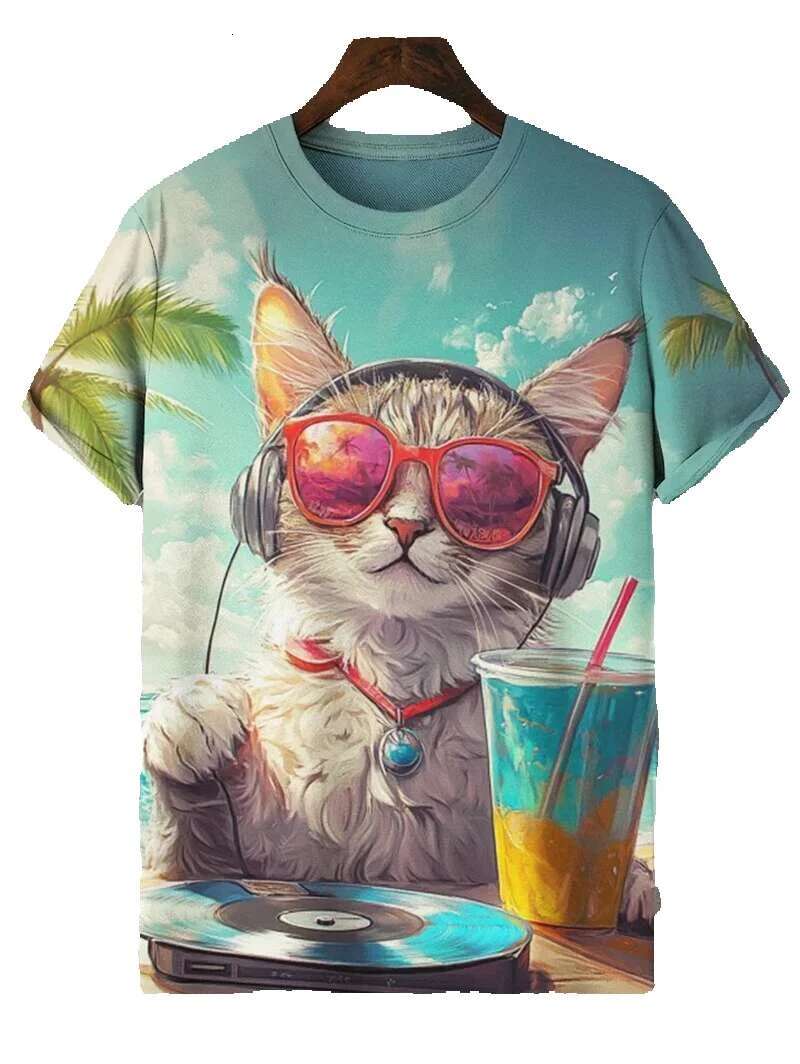 Interesting cat pattern for men, fashionable summer short sleeved round neck 3D printed children's T-shirt, casual oversized Haruku T-shirt
