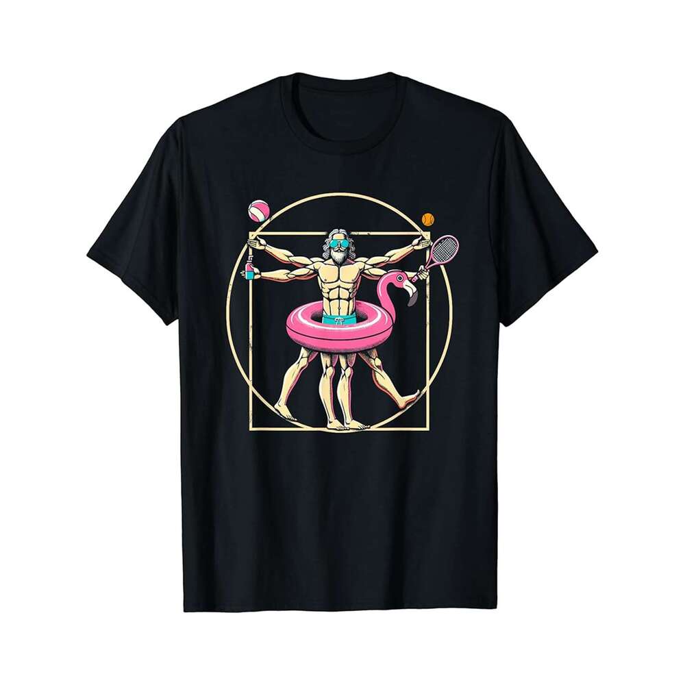 Designer T shirt Pool Party Pink Flamingo Vitruvian Man Novelty Funny Summer - 220g T shits