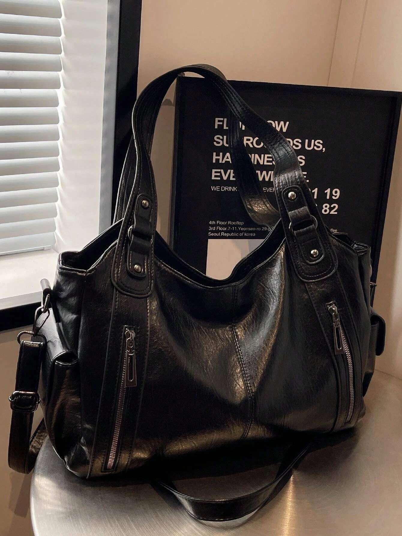 Retro Large Capacity Waterproof Business PU Tote Multi-Pocket Design Shoulder Bag, Multifunctional Travel Crossbody Bag