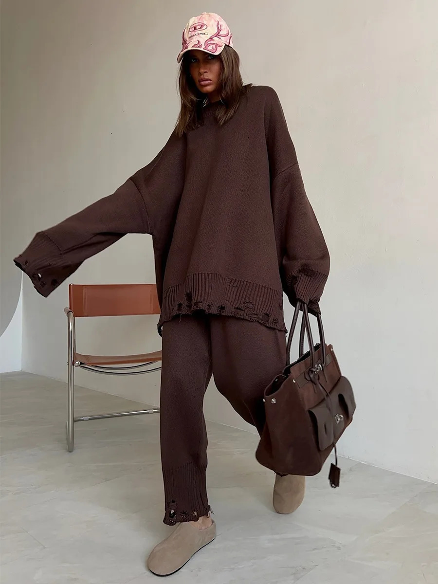 Bornladies Autumn Winter Womens Turtleneck Knit Sweater Skinny Knit Pants Set Soft Oversized Ripped Hem Fashion Pullover 251104