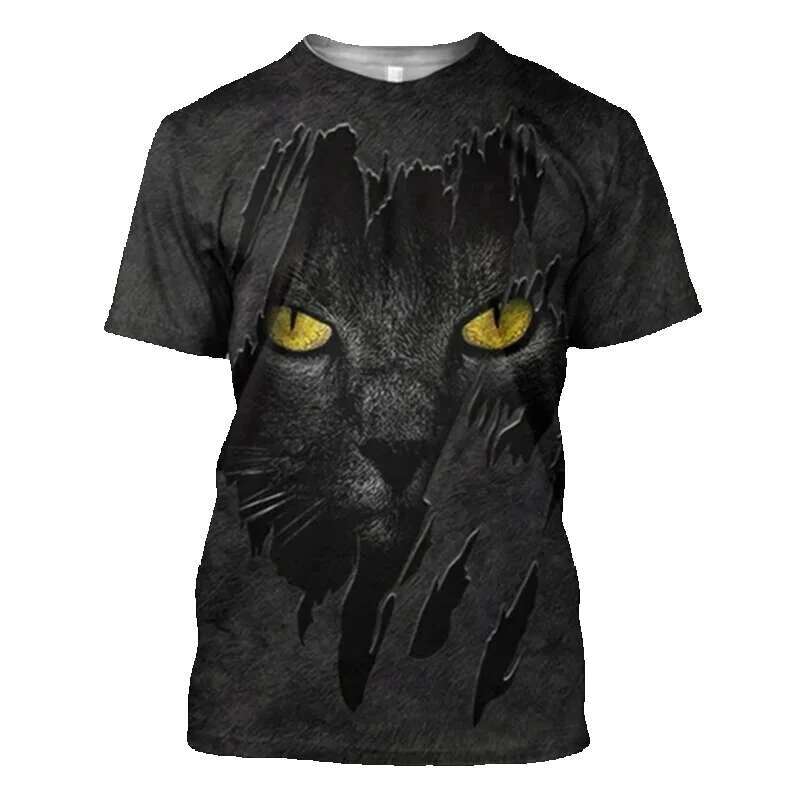 Men's short sleeved round neck T-shirt, unisex casual clothing, 3D black cat pattern print