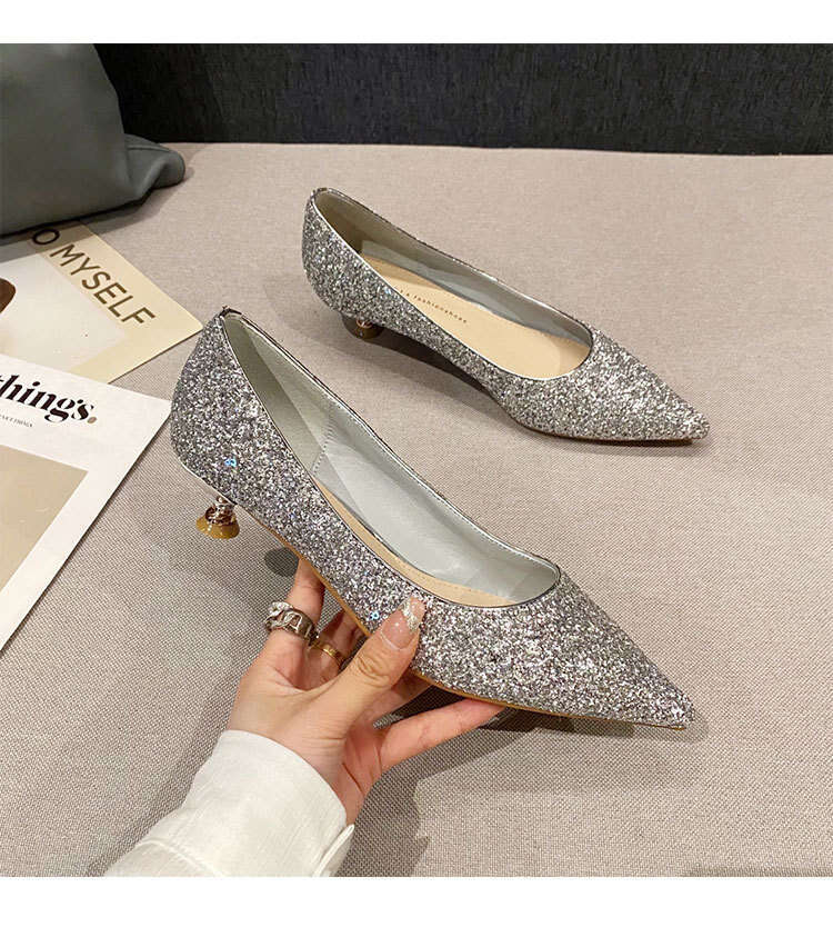 Woman Sandals Temperament Shallow Mouth Large Women S Autumn New Low Heel End Single Shoes With Sparkling Pointed Points Not Exhausting Feet High Heel