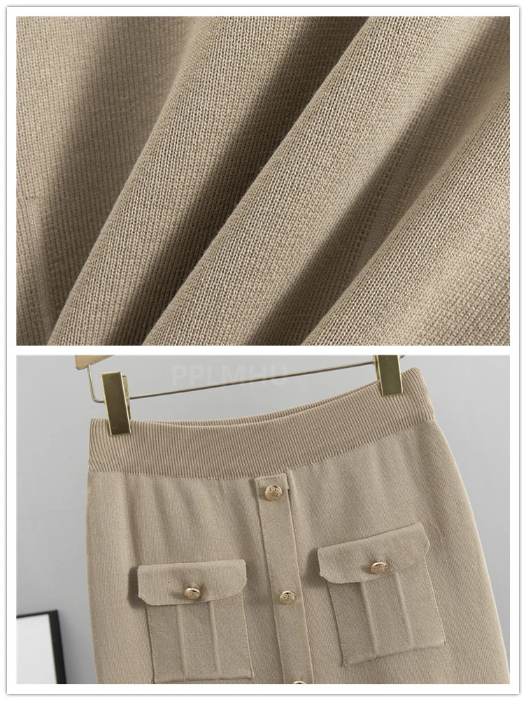 Korean Bodycon Knit Skirts Conjunto Women Chic Polo Collar Short Sweater Cardigan 2 Piece Sets High Waist Slim Mid Faldas Outfit 251110