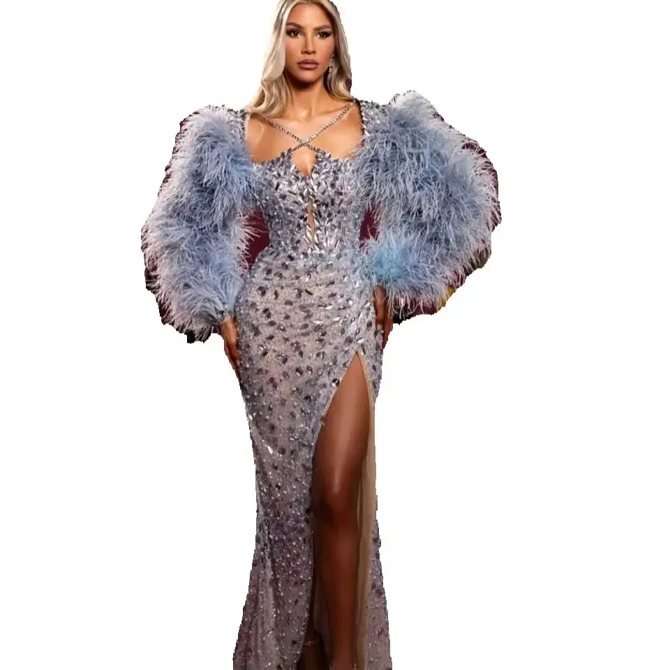 Elegant Mermaid Prom Gown Crystal Evening Dress Beads Feather Prom Dresses Sexy Bridal Gowns vestido de novia Size Customized Robes De Mariee L251026