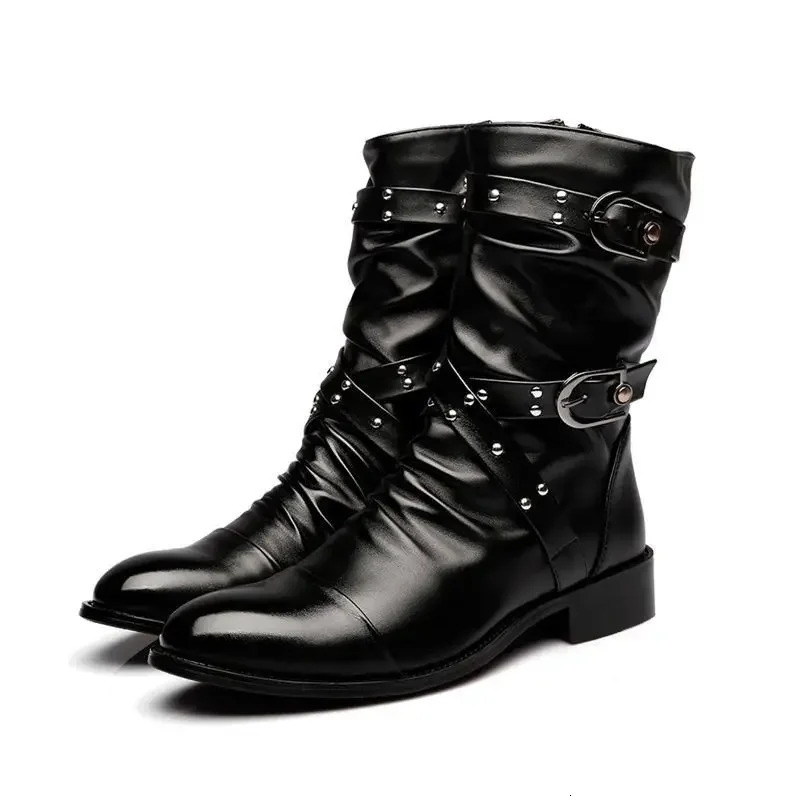 Mens Leather High Quality Mid Tube Boots Fashion Classic Autumn Winter Black Punk Rock Shoes Casual Men Womens Plus Size 38--48 251107