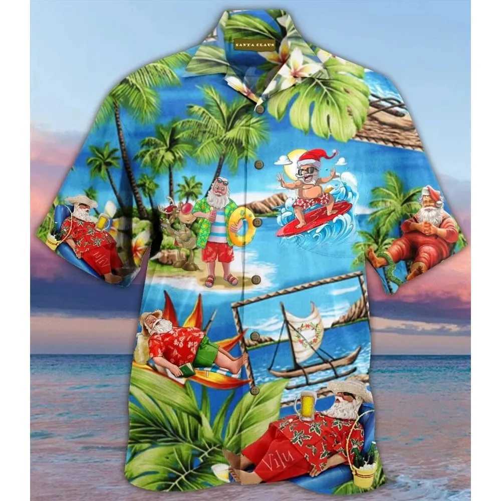 Mens Hawaiian Shirt Fun Santa Claus 3D Printed Christmas Hawaiian Shirt Mens Fashion Short Sleeve Beach Shirt Party X250410