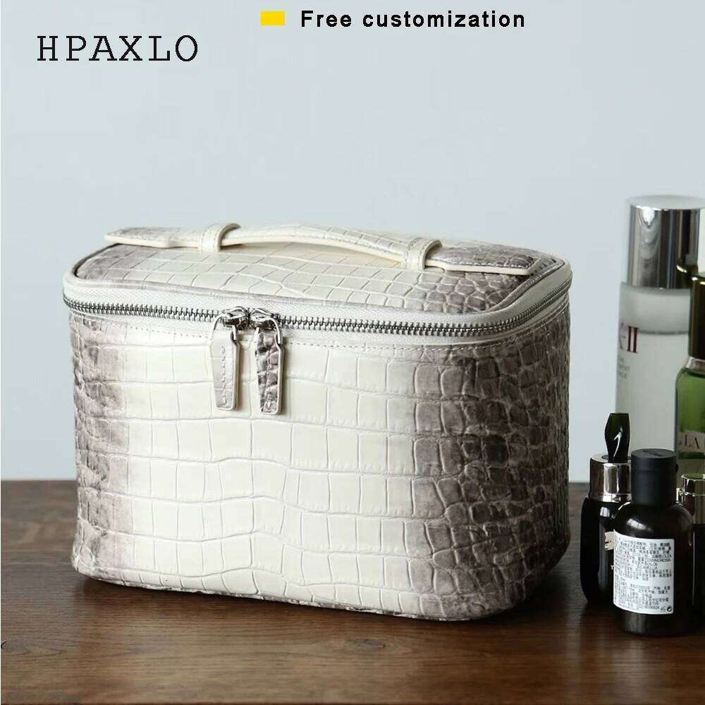 Cowhide Leather Crocodile Pattern Makeup New Free Initials Travel Portable Toiletry Large Capacity Storage Cosmetic Bag 251110