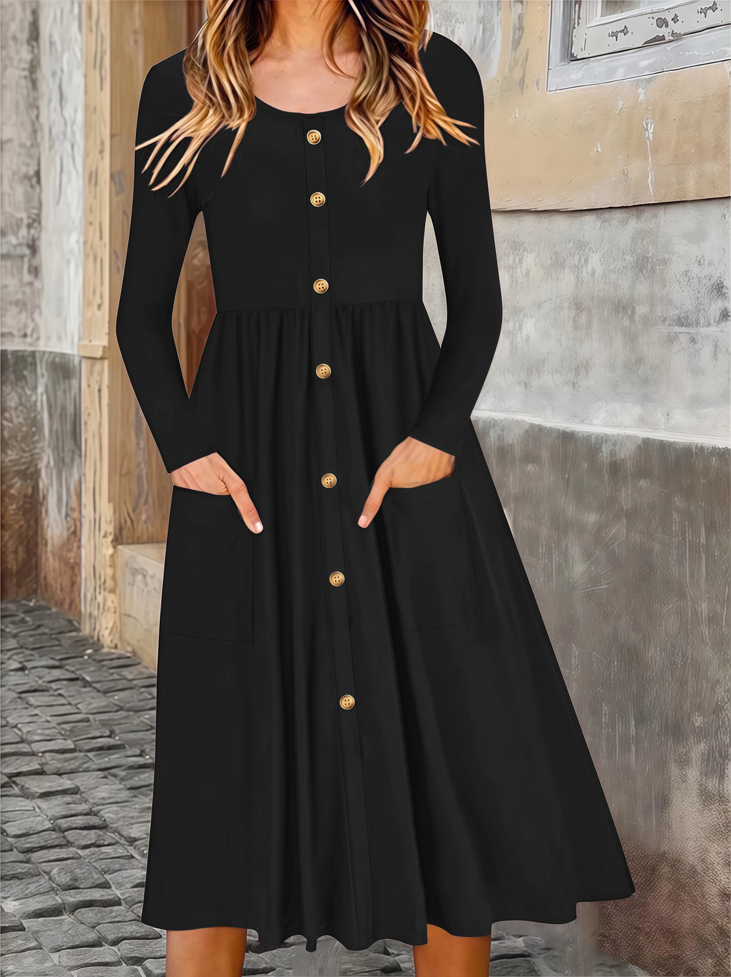 Elegant Solid Color ButtonDetail Round Neck Long Sleeve MidLength Plus Size Womens Dress for Autumn 251110