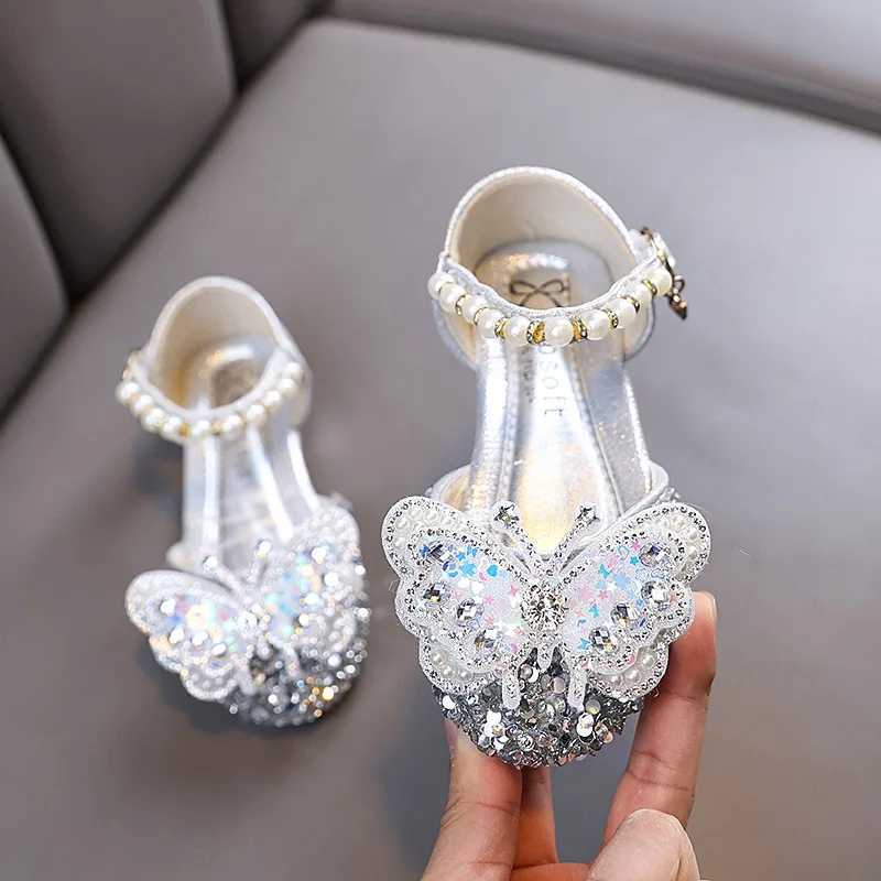 Little Girl Sandals Spring/Summer New Childrens Leather Shoes Sparkling Butterfly Princess Fashion Flat Shoes Version Z250410