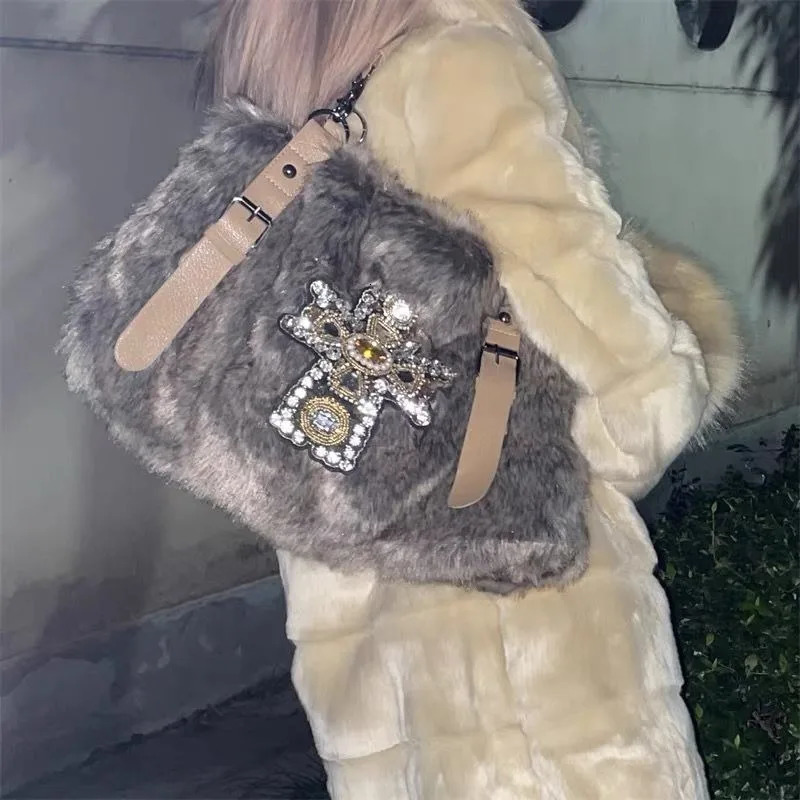 MBTI Y2k Womens Shoulder Bag Autumn and Winter Fashion Crucifixion Vintage Tote Bag Harajuku Rhinestone Large Capacity Handbag 250403 - view 5
