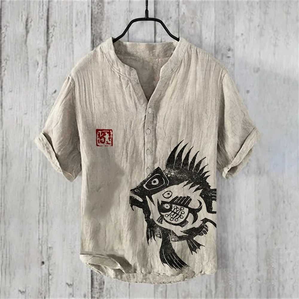 Mens short sleeved shirt imitating linen shirt hot selling casual Japanese retro Hawaiian vacation mens clothing X2504101