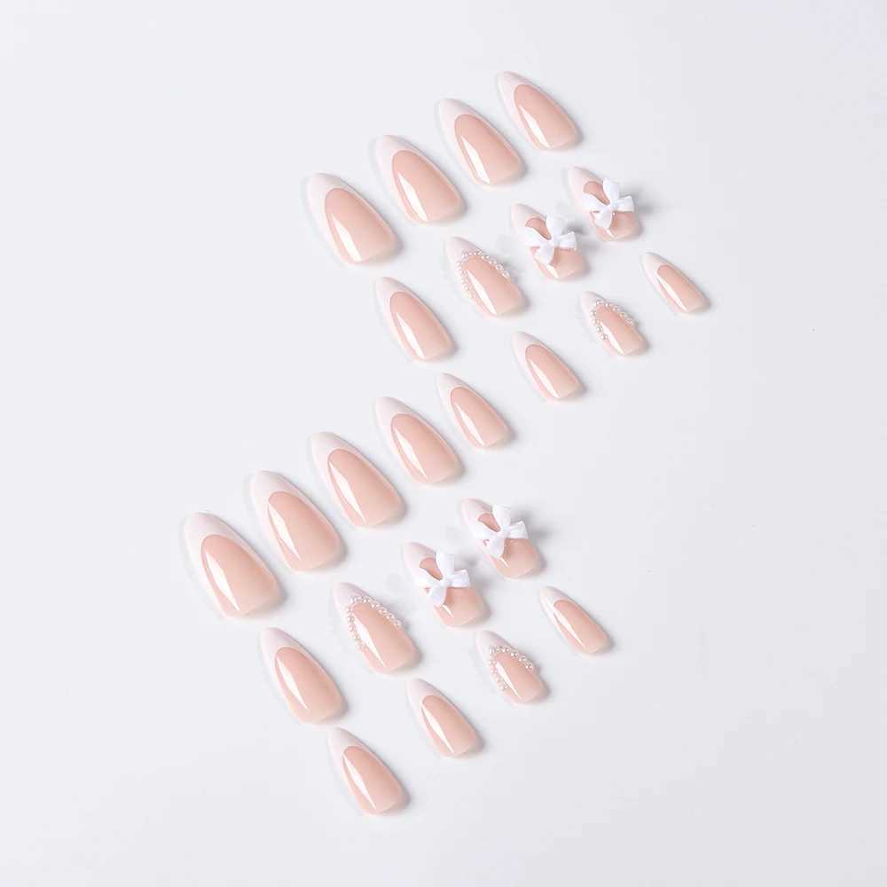 24 pieces (+tools) Pearl Bow Nude Pink Pressing Nails White French Fingertips Almond Full Set Fasle Nail New Year Nail Accessories W250410