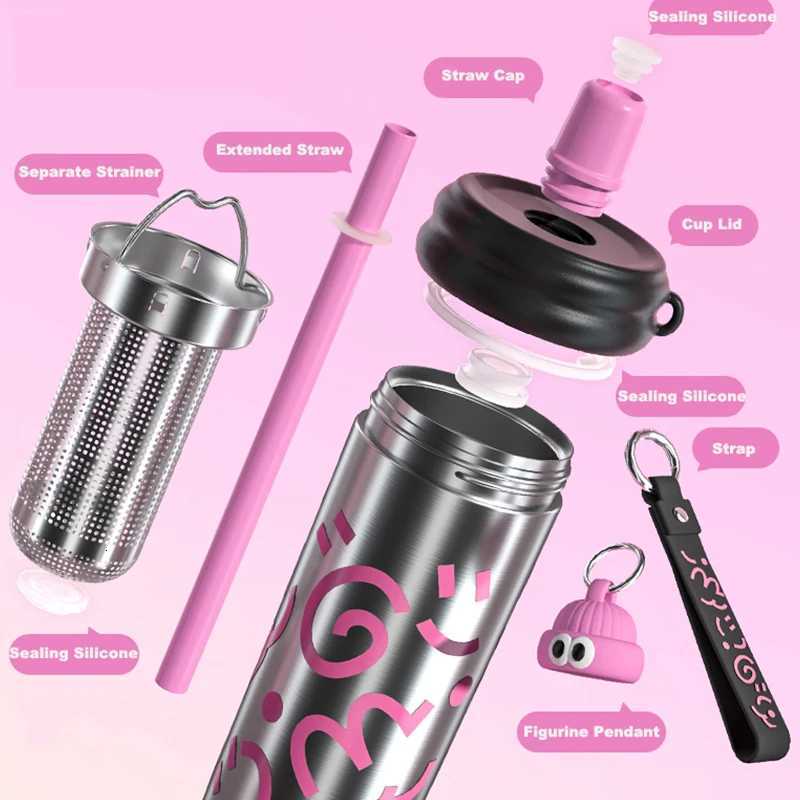 Fashionable cup 600ML Stainless Steel Straw Cup 2025 Trendy Insated Water Bottle for Wen Girls Kids Travel Thermos with Carry Y251110