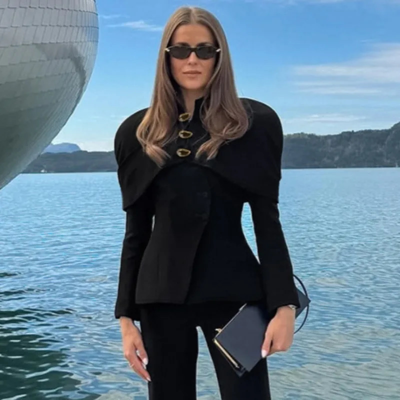 Trendix Black Elegant Blazer For Women Autumn Fashion Gold Buttons Patchwork Jacket Coat Party Vintage Commuter Suit 251110